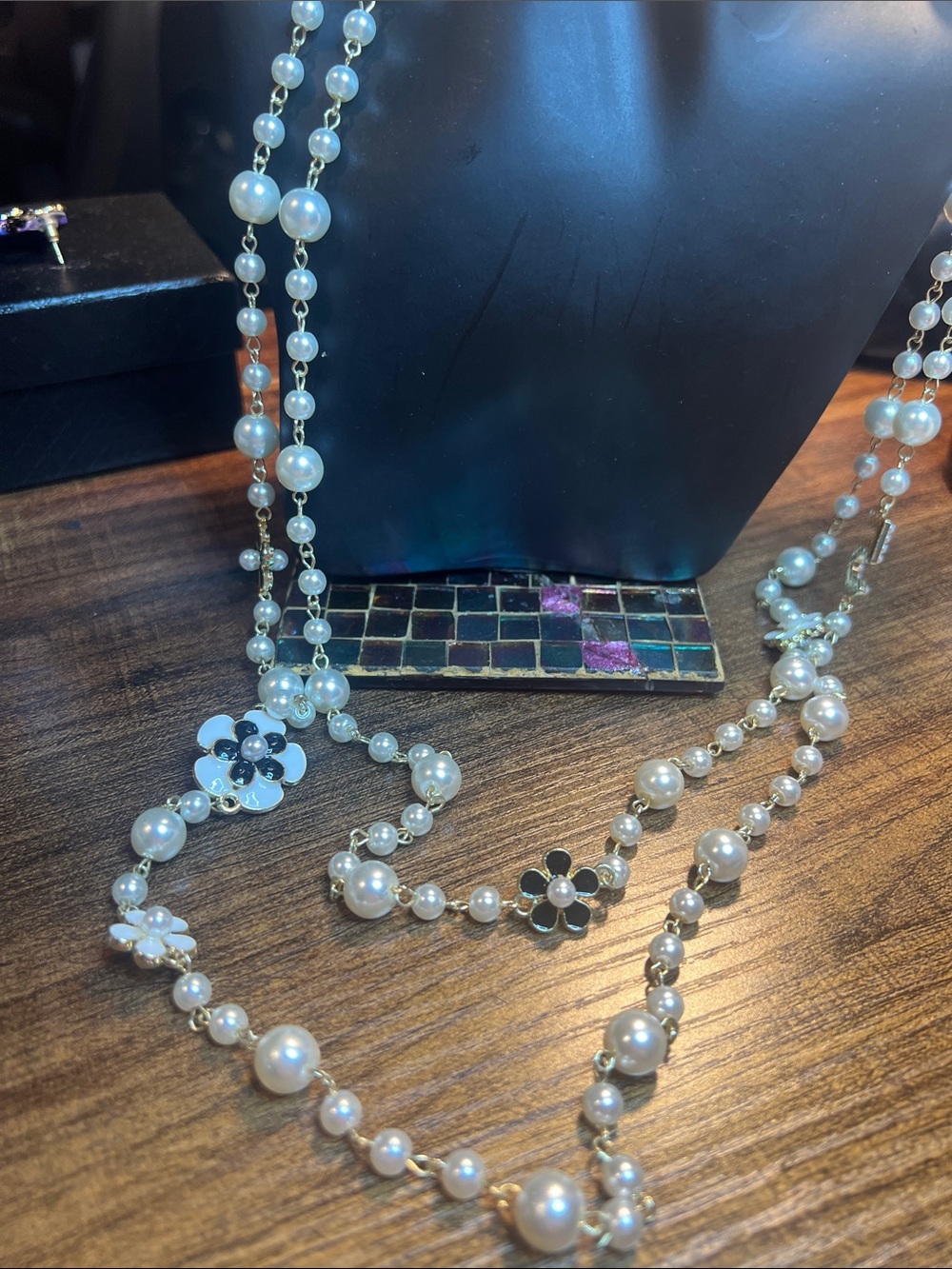 Pearl and Floral Station Long Necklace - White Pearls